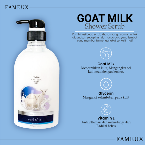 Fameux Whitening Shower Scrub Goat 500 ml | Body Wash Booster Shower Gel Sabun Mandi Cair Pencerah Kulit & Melembabkan - Image 4
